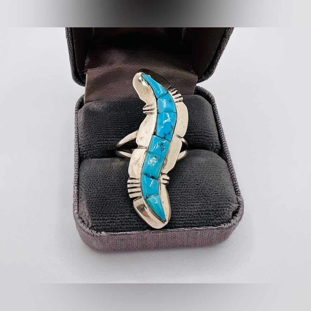 Vintage Navajo Sterling Silver Running Bear Turquoise Feather Inlay Ring Size 7